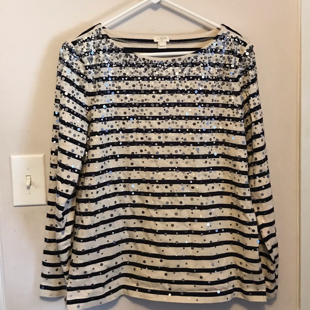 J. Crew Cream and Black Striped Sequin Long Sleeve Tee